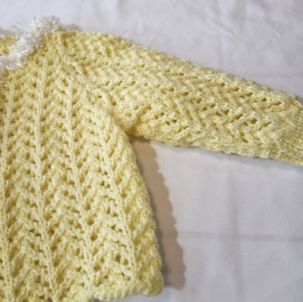 Hand Crafted Cardigan Crochet knit Set Yellow & white mesh lace knitting stitch - Picture 14 of 17